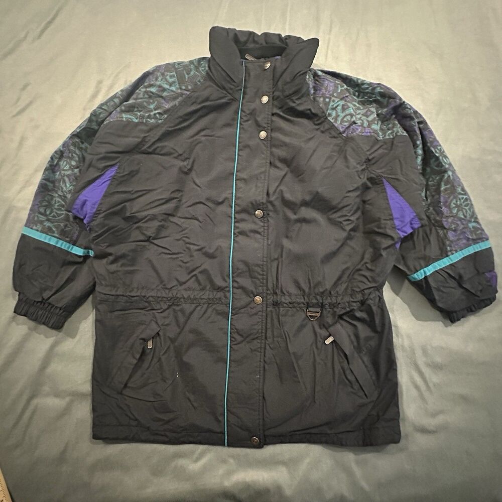 Vintage 80s Tyrolia Jacket Womens 14 Skiwear Full Zip Snap Geometric Nylon